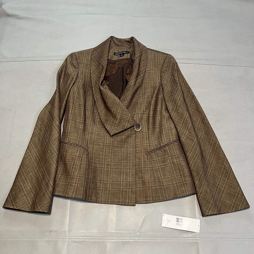 New Lafayette 148 New York Women Brown Plaid Check Blazer Shawl Linen/Wool-3922